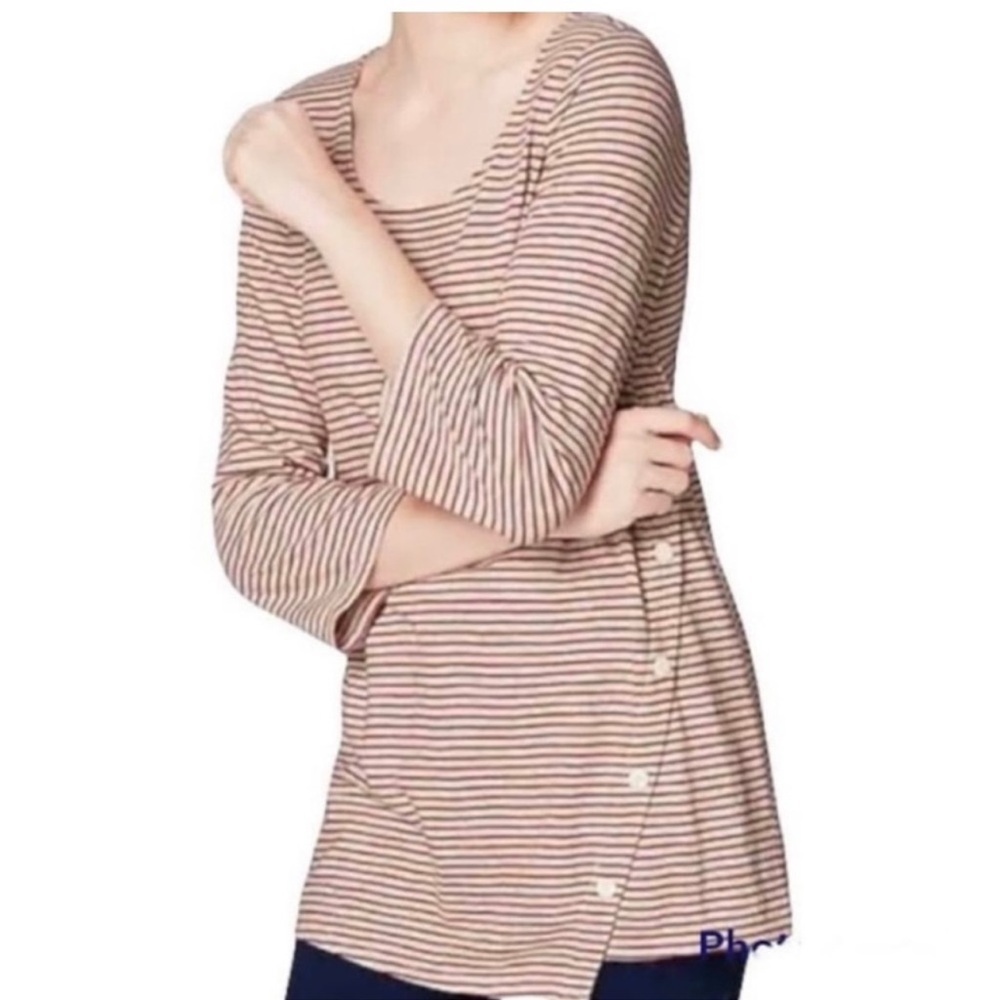 pure jill size small asymmetric button tunic striped 3/4 sleeves red beige